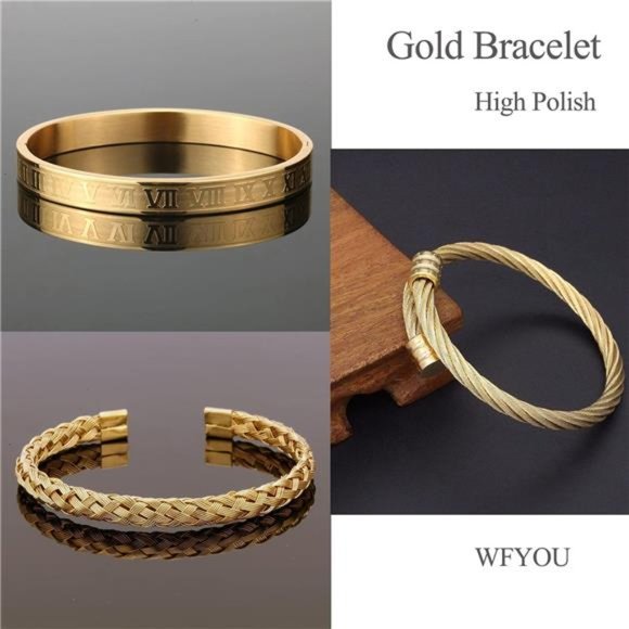 3PCS Stainless Steel Bracelets for Men Gold Roman Numeral Bangle Bracelet Cable - Picture 3 of 6
